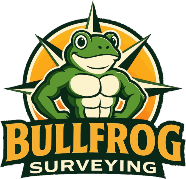 Bullfrog Surveying logo: a muscular cartoon bullfrog in front of a compass star